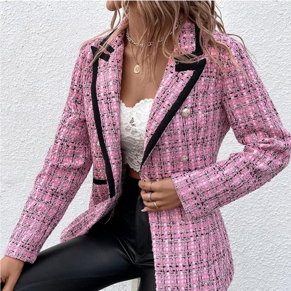 6 Kenzie women jacket Plaid Contrast Trim Double Breasted Tweed 2 Faux pockets - Picture 4 of 13